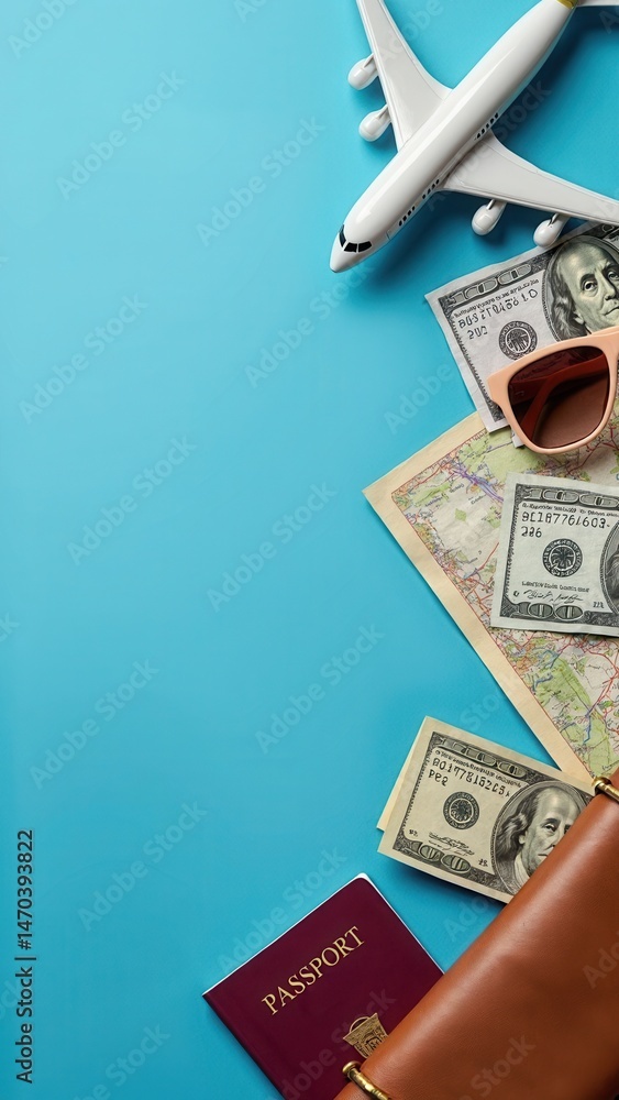 Travel accessories and objects on a blue background with a top view and copy space.Airplane and passport, money, map, ticket, sunglasses. Travel background for travel agency banner.