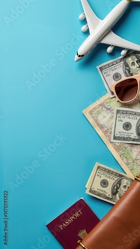 Obraz na płótnie Travel accessories and objects on a blue background with a top view and copy space.Airplane and passport, money, map, ticket, sunglasses. Travel background for travel agency banner. w salonie
