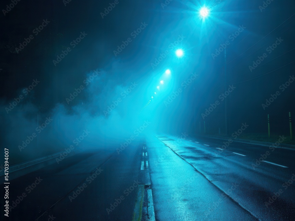 Rays searchlight light blue neon . Dark empty scene with smoke. Reflections on wet asphalt..