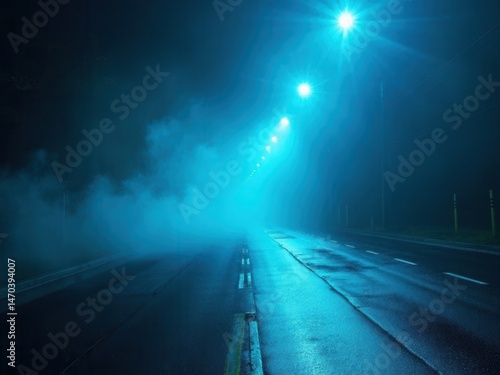 Rays searchlight light blue neon . Dark empty scene with smoke. Reflections on wet asphalt..