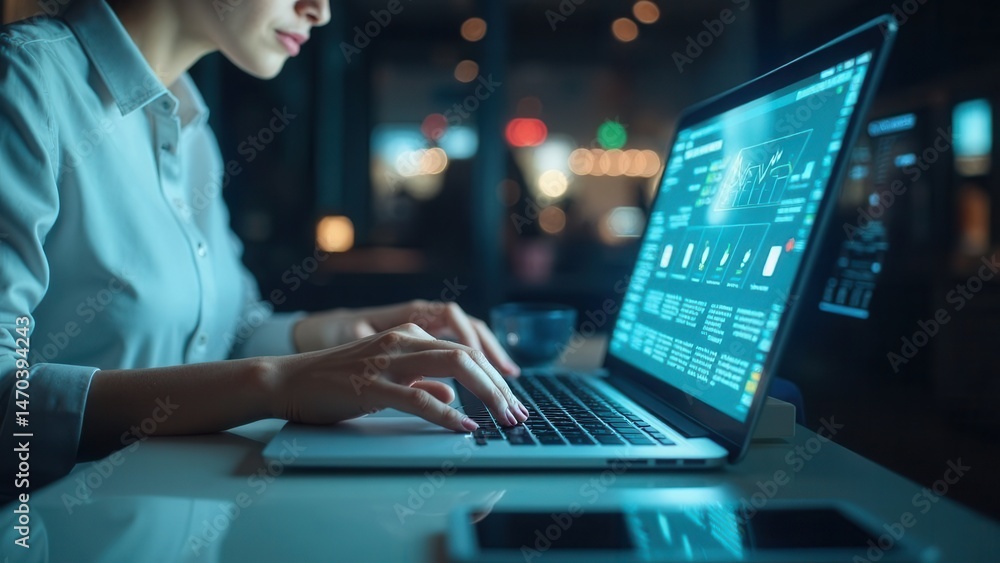 Process automation to efficiently manage files. Businesswoman working on laptop with virtual screen. Online documentation database and document management system concept..