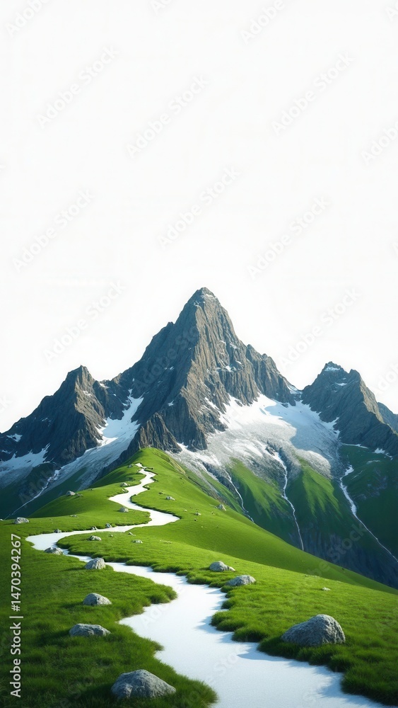 Mountains with green grass and snow isolated over white background..