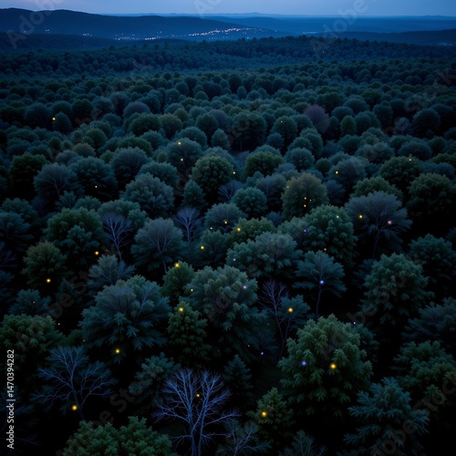 aerial drone photo of fireflies blinking over a dark forest at twilight