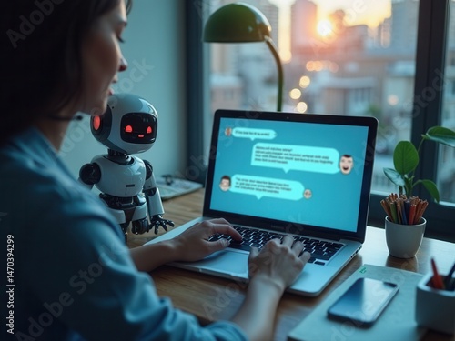 Obraz na płótnie Customer using online service with chat bot to get support. Chatbot conversation concept. Virtual assistant and CRM software automation technology.. w salonie