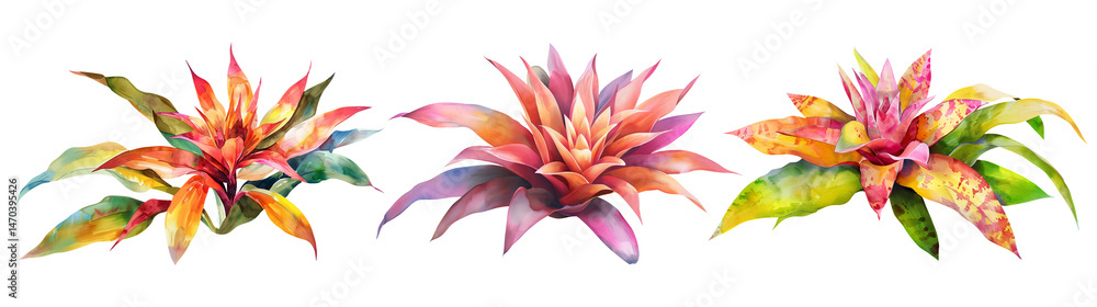Set of plant, Bromeliad in watercolor style isolated on a transparent background. Set of plant, Bromeliad in watercolor style isolated on a transparent background.