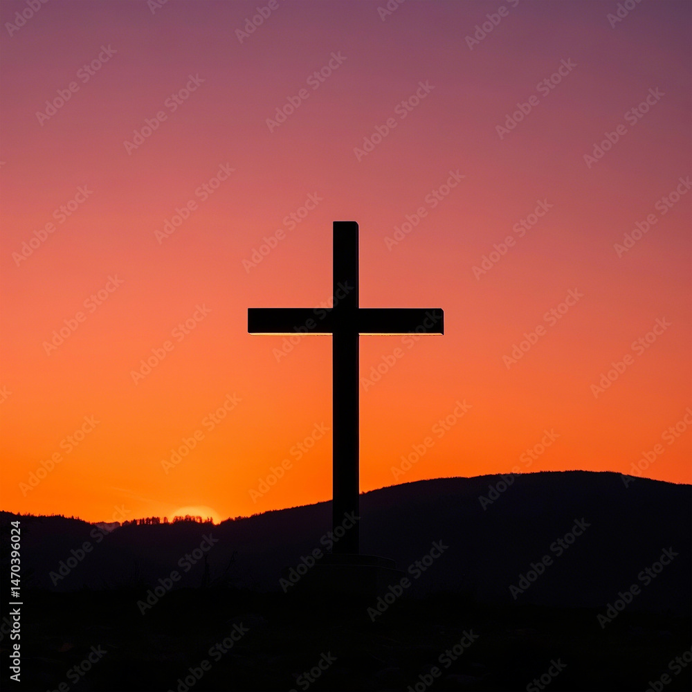 Silhouette of a cross at sunrise, evoking faith and hope. Silhouette of a cross at sunrise, evoking faith and hope.