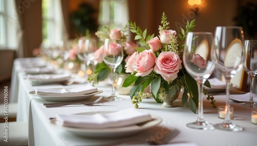 Elegant wedding reception table setting with floral centerpiece, silverware, and glassware , reception, chairs