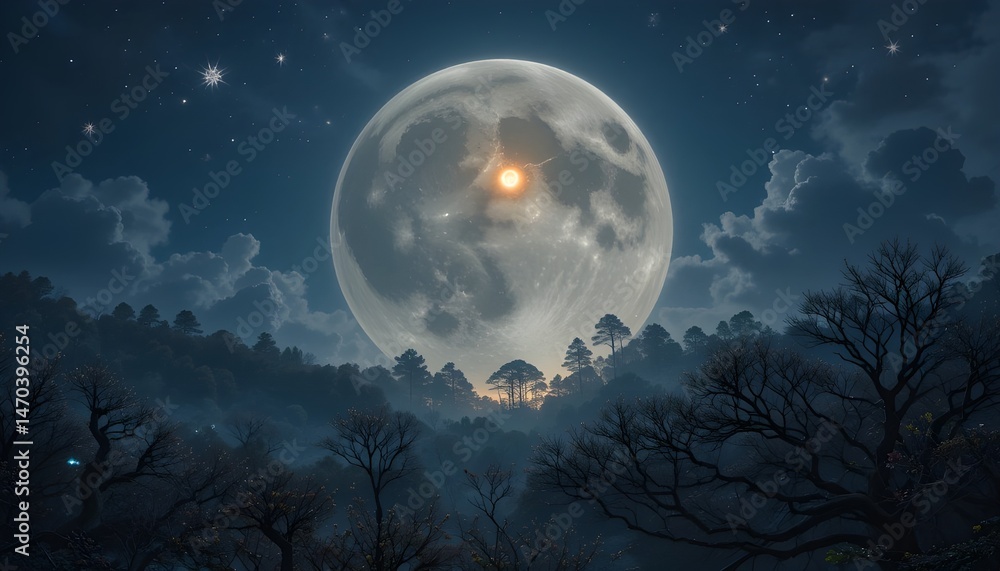 Naklejka premium moon and cloudsmoon, sky, night, full, dark, clouds, space, moonlight, cloud, planet, light, nature, blue, sea, stars, water, star, landscape, astronomy, fantasy, black, bright, lunar, earth, ocean