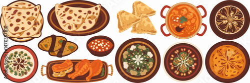 Vector sheet of Indian food icons including naan bread, samosas, curry dishes, and tandoori chicken on white background