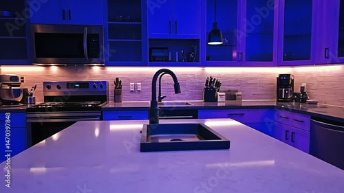 Modern Kitchen with LED Lighting: A Stunning Blue and Purple Ambiance