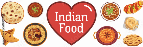 Vector illustration of heart with Indian food and spices – Great for Indian food festivals, culinary events, or restaurant branding.