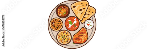 Vector sheet of Indian food plate featuring aloo gobi, chicken tikka masala, biryani, naan bread, and raita on white background
