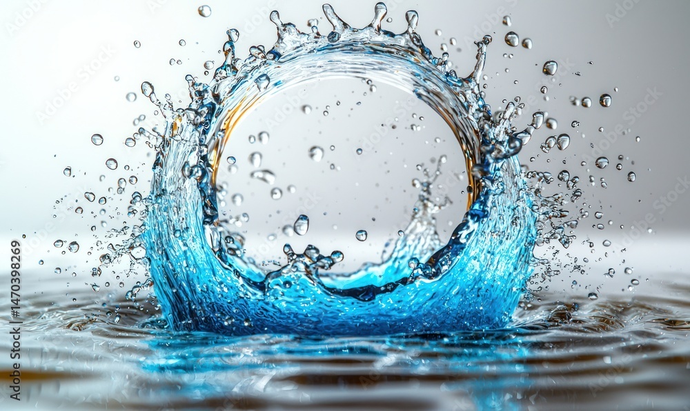 Fototapeta premium A vibrant blue liquid forms a ring-shaped splash, with droplets and ripples extending outwards on a light grey background