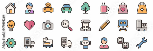 Vector sheet of 18 assorted icons including house, car, tree, and coffee cup – Ideal for digital media, UI/UX design, or creative branding projects.