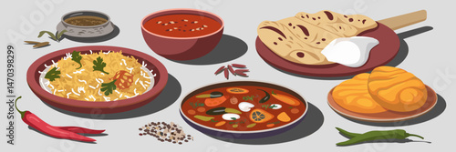Vector icon sheet of Indian dishes with spices on white background – Perfect for restaurant branding, food blogs, or cooking content.