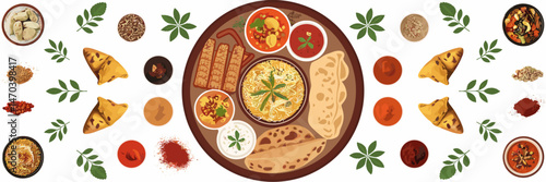 Vector sheet icon of plate filled with Indian food and spices – Great for culinary websites, menu designs, or spice brands.