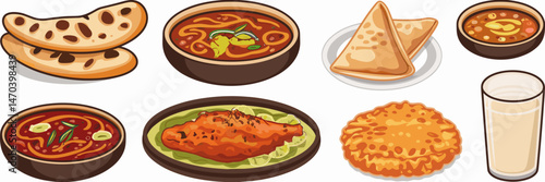 Vector sheet icon of Indian food with curry, naan, tandoori chicken, and lassi – Suitable for travel websites, restaurant branding, or culinary tourism.