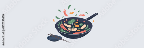 Vector sheet of wok cooking Asian food with vegetables, chicken, and sauces on white background