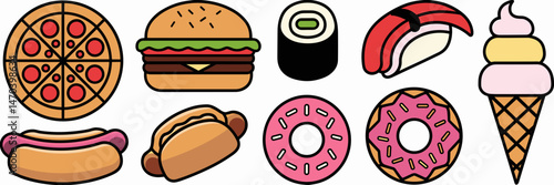 Vector icons of various food items including pizza, burger, sushi, taco, and ice cream – Ideal for food delivery apps, restaurant branding, or culinary blogs