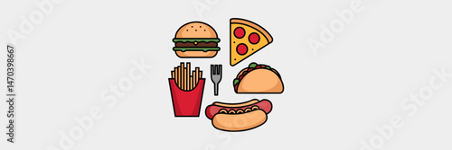 Circular arrangement of food icons including burger, pizza, taco, hotdog, and fries – Great for food festivals, menu designs, or culinary websites