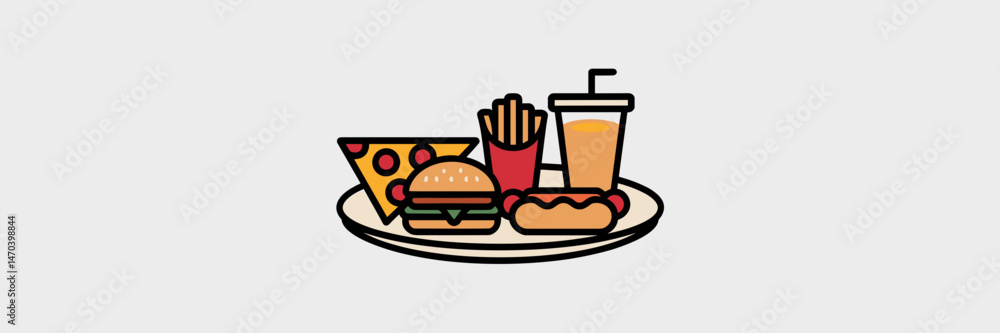 Vector sheet icon of plate with burger, pizza, hot dog, fries, and soda – Perfect for fast food promotions, kids’ party invites, or casual dining ads Vector sheet icon of plate with burger, pizza, hot dog, fries, and soda – Perfect for fast food promotions, kids’ party invites, or casual dining ads