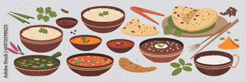 Vector sheet illustration of Indian food items with biryani, curry, naan bread, rice, and Indian spices on white background