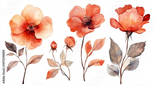 Vibrant Watercolor Floral Illustrations with Flowers and Leaves