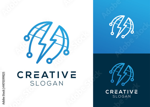 Globe tech logo. Globe with lightning and technology elements logo design