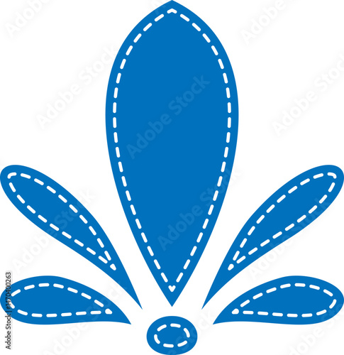 Teardrop shaped embroidered floral ornament with symmetrical stitched swirls in blue. Folk vector element. Design for invitation, greeting, card, banner.