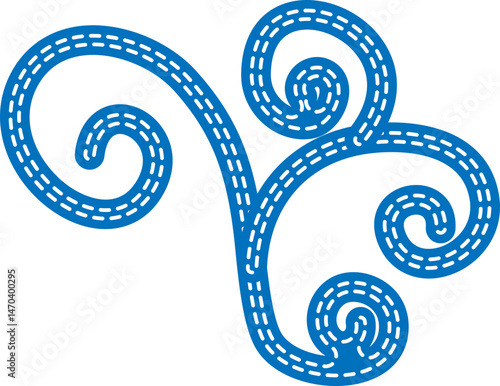 Large embroidered swirl element with stitched blue contour. Folk style decorative vector ornament. Design for banner, card, invitation, poster, print.
