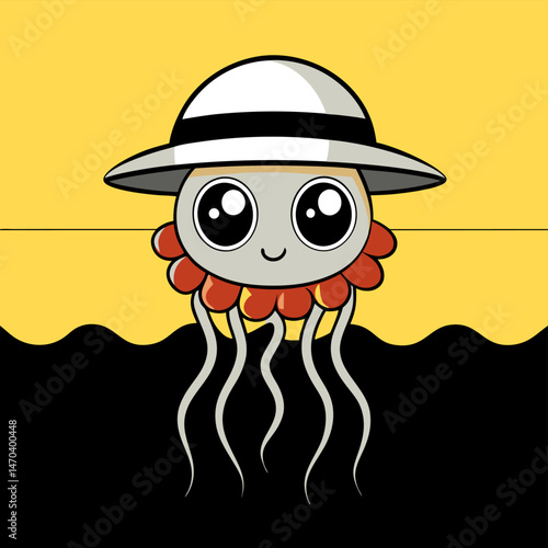 Adorable Cartoon Jellyfish Wearing a Panama Hat in the Ocean