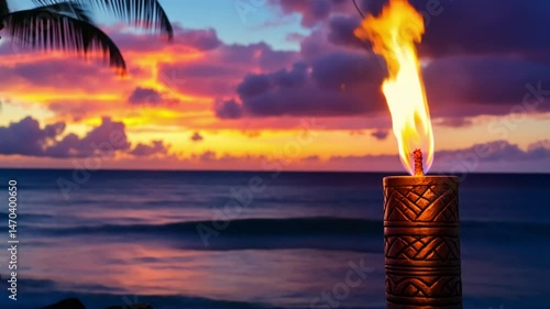 Sunset Tropical Beach Scene with Burning Tiki Torch