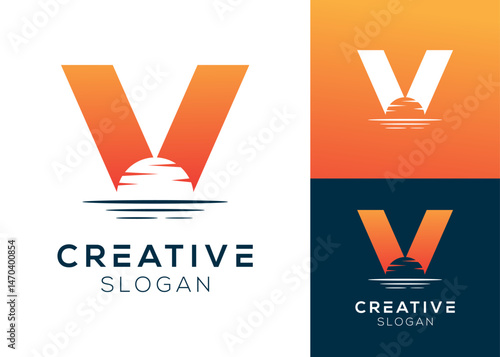 Abstract letter V with sunset or sunrise logo design for landscape and sea