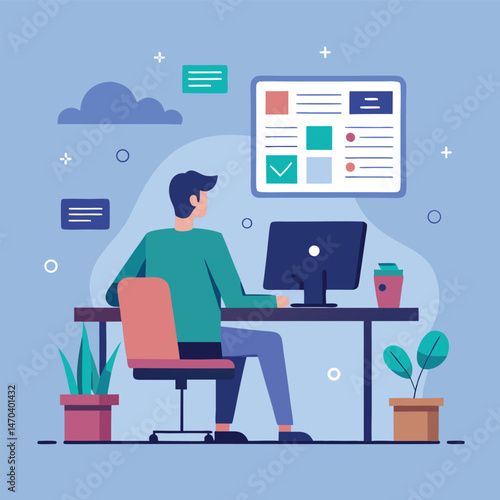 Man Working at Desk with Computer and Checklist Task Management Illustration