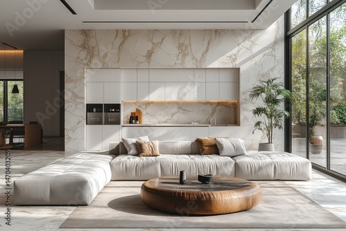 Modern, spacious living area with a built-in kitchen nook, featuring a light beige sectional sofa, marble wall, and a round coffee table. Natural light streams in through large windows