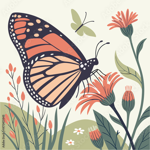 A monarch butterfly with orange and black wings finds beauty among colorful summer flowers in the garden
