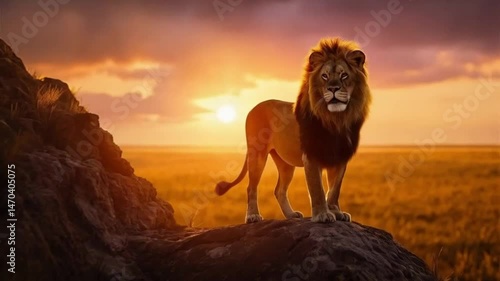 A lion stands on a rock in front of a sunset. Smooth repeating motion for background video animation