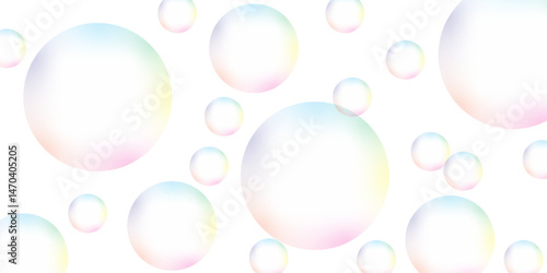 Design soap bubbles on a white background. Abstract white background with colorful gradient circle. Colorful transparent pink, blue and soap bubbles floating in the air. Vector glossy oxygen magic
