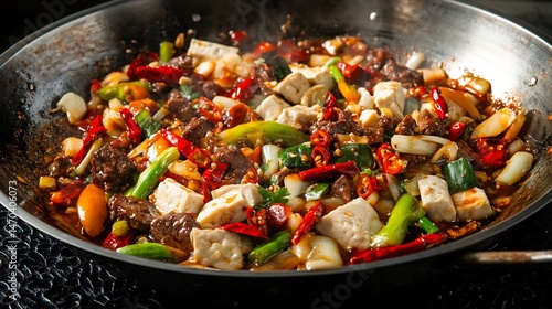 Spicy dry pot stir fry known Ma La Xiang Guo mixed vegetables tofu beef chilies served metal wok black textured table showcasing bold Sichuan flavors China cut out on isolated transparent background