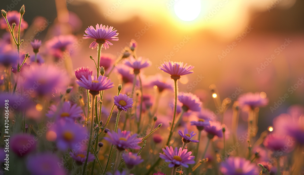 Fototapeta premium Purple Wildflowers in Soft Sunset Light