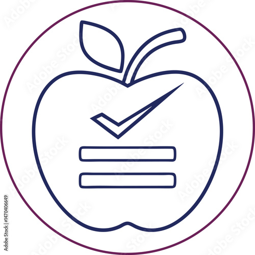 Outlined apple icon with checkmark and rectangle shape inside a purple circle showing transparency