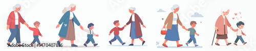 Grandma holding granddaughter's hand while walking vector flat design style
