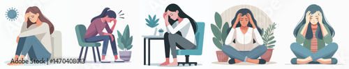woman with severe headache sitting style vector flat design