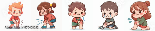 little kids grimacing while holding knee style vector flat design
