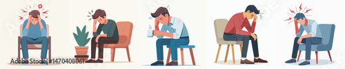 man with severe headache sitting style vector flat design