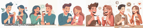 young man and woman laughing while drinking coffee style vector flat design