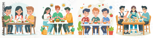 three friends eating together vector flat design style