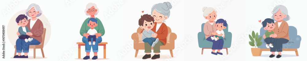 little boy sitting on grandmother's lap style vector flat design little boy sitting on grandmother's lap style vector flat design