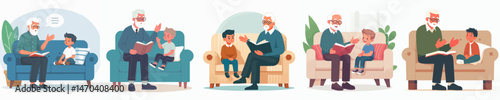 Grandpa telling story to grandson while sitting on sofa style vector flat design
