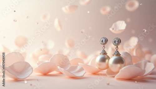 Obraz na płótnie Elegant pearl earrings surrounded by pink petals w salonie